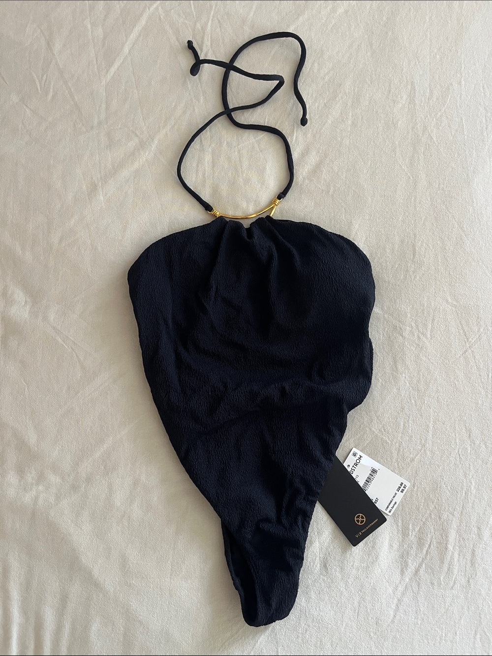 Black Halter One-Piece Swimsuit with Gold Accent